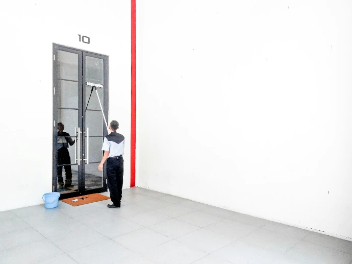 a man standing in front of a glass door